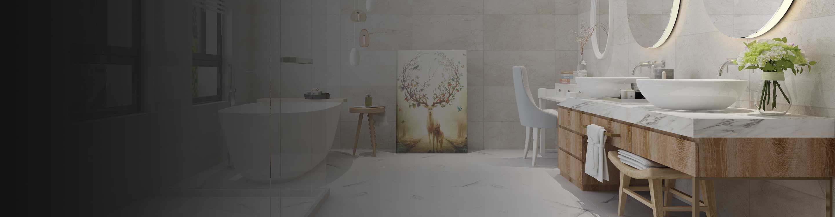 modern bathroom in Greeley, CO, with white tub, walk-in shower, vanity with led mirrors and tile walls and marble look tile floors