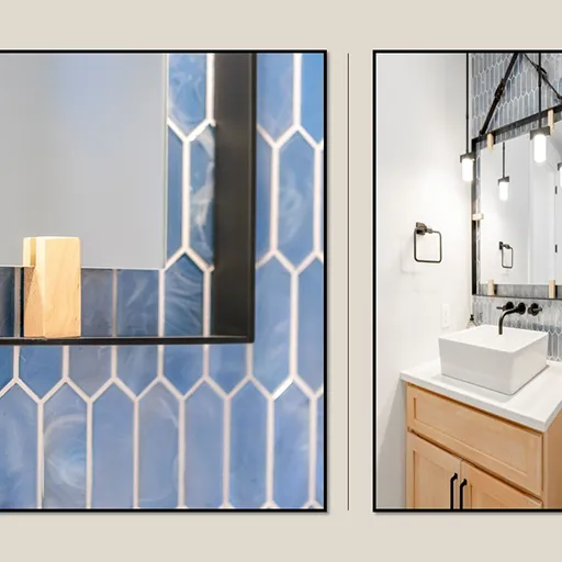 Blue and white wall tile bath installation with West Point Carpet One 