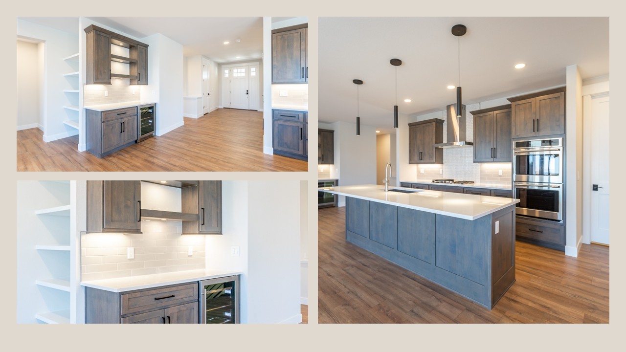 Grey kitchen island with white countertops 