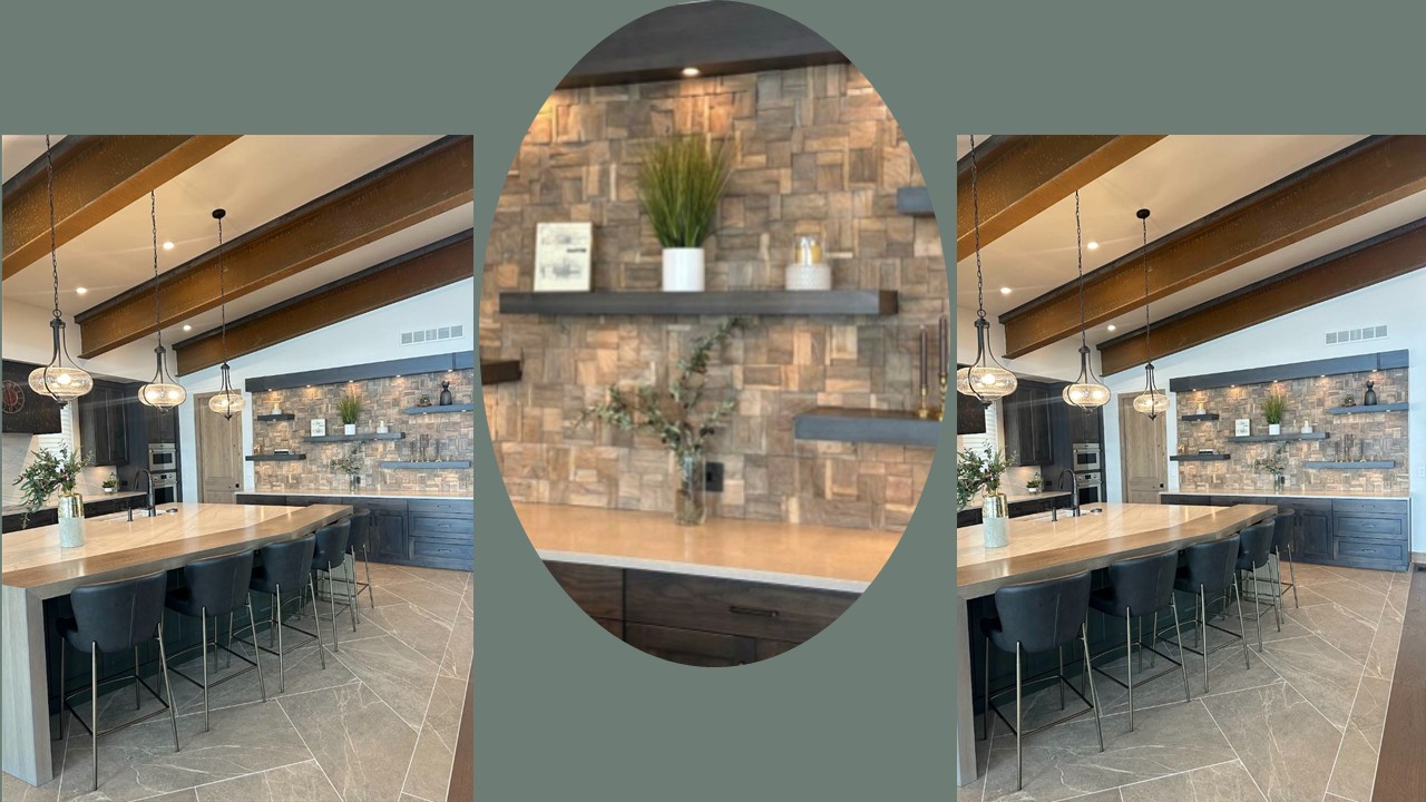 Stone walls and bar stools in a designer kitchen 